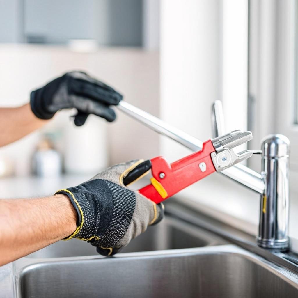 Plomero profesional reparando una llave y válvula con herramientas en Santiago de los Caballeros